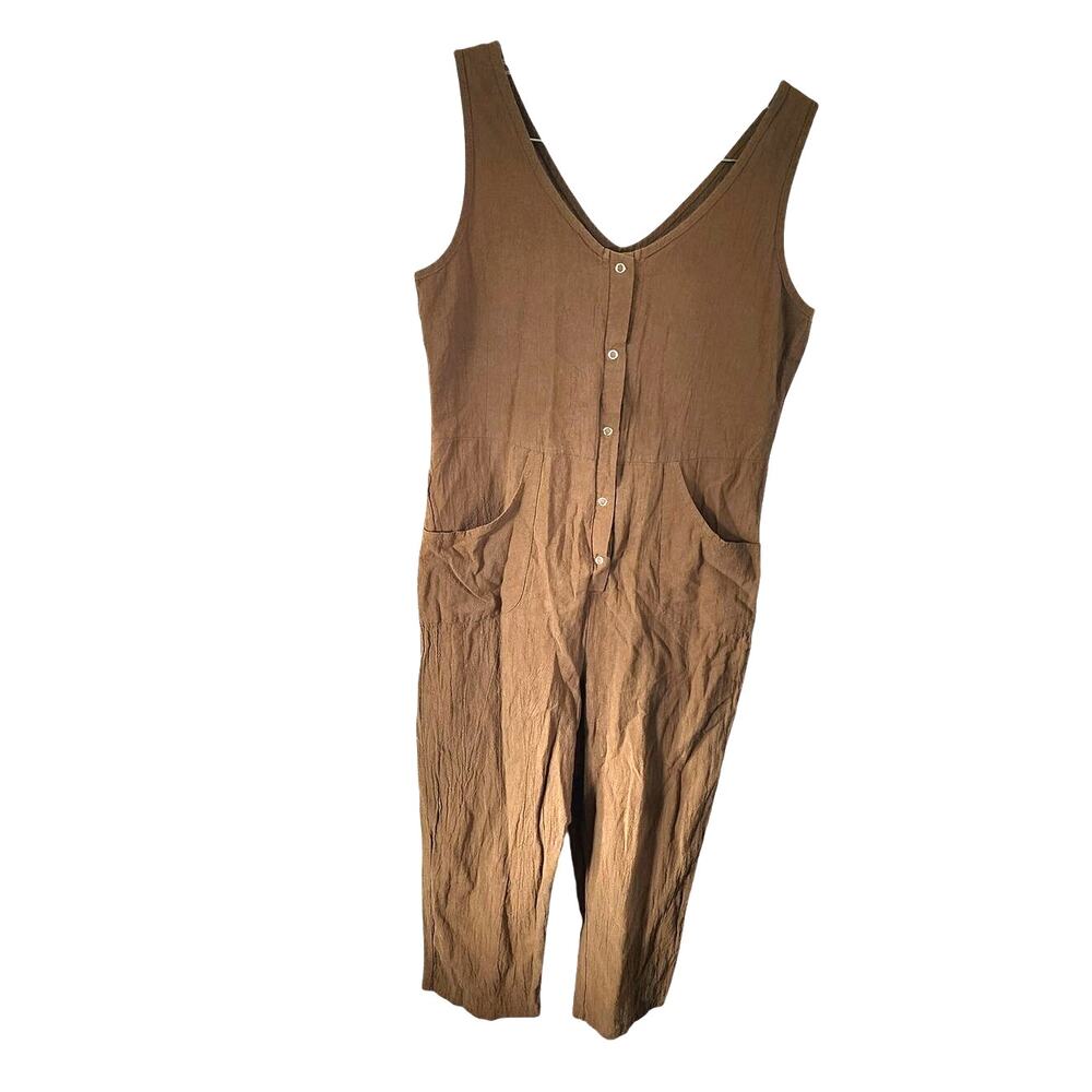Women's Brown V-Neck Front Pockets Sleeveless Tank Jumpsuit Medium